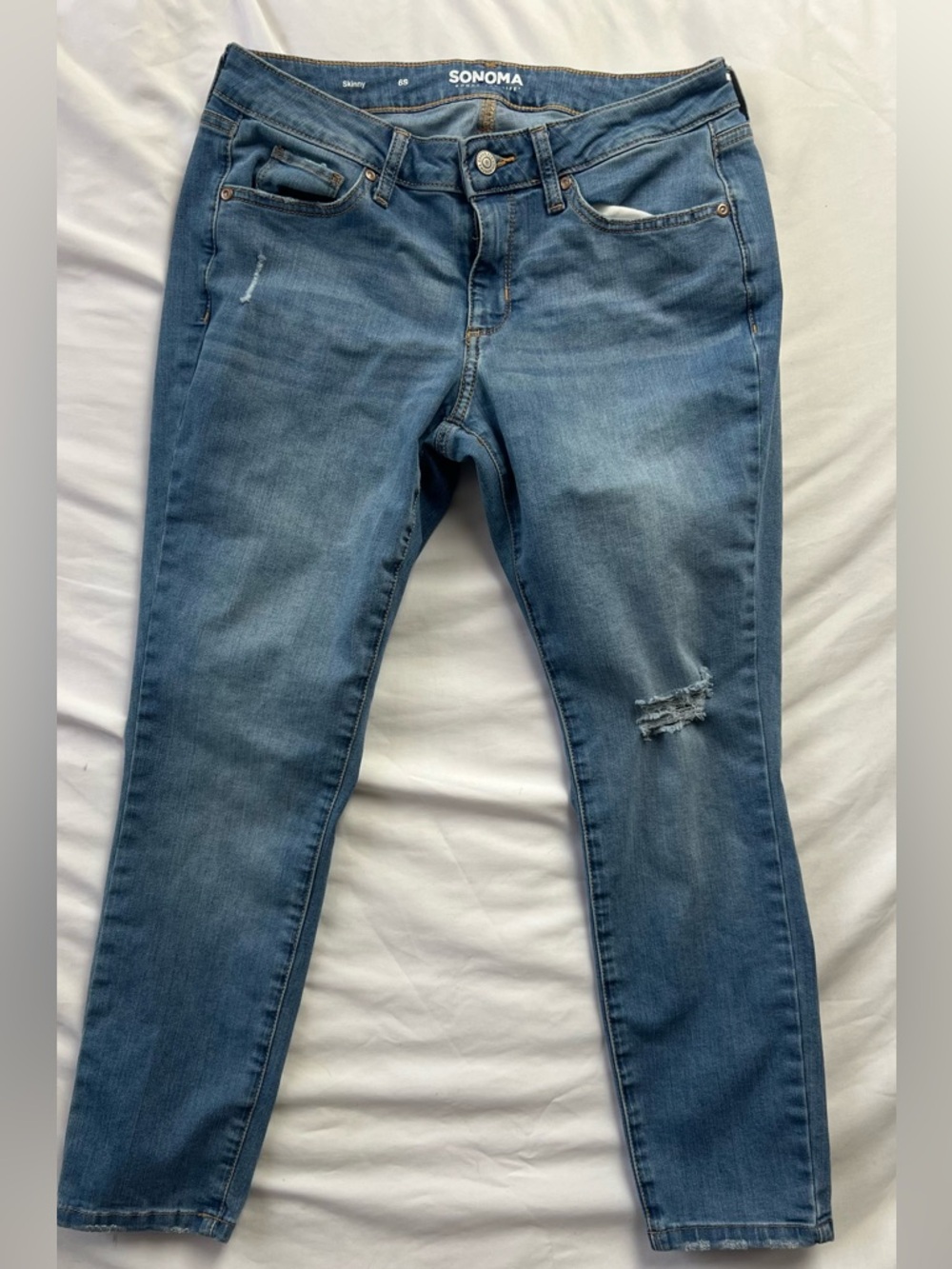 Sonoma Skinny Jeans in Medium Blue with Distressed Knee